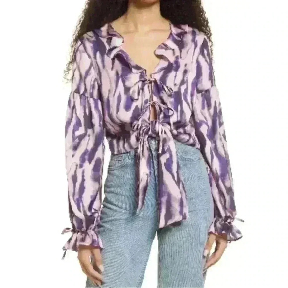 Topshop Tie Dye Ruffle Lightweight TieFront Peasant Sleeve Blouse Purple Sz6 NWT - Picture 4 of 8